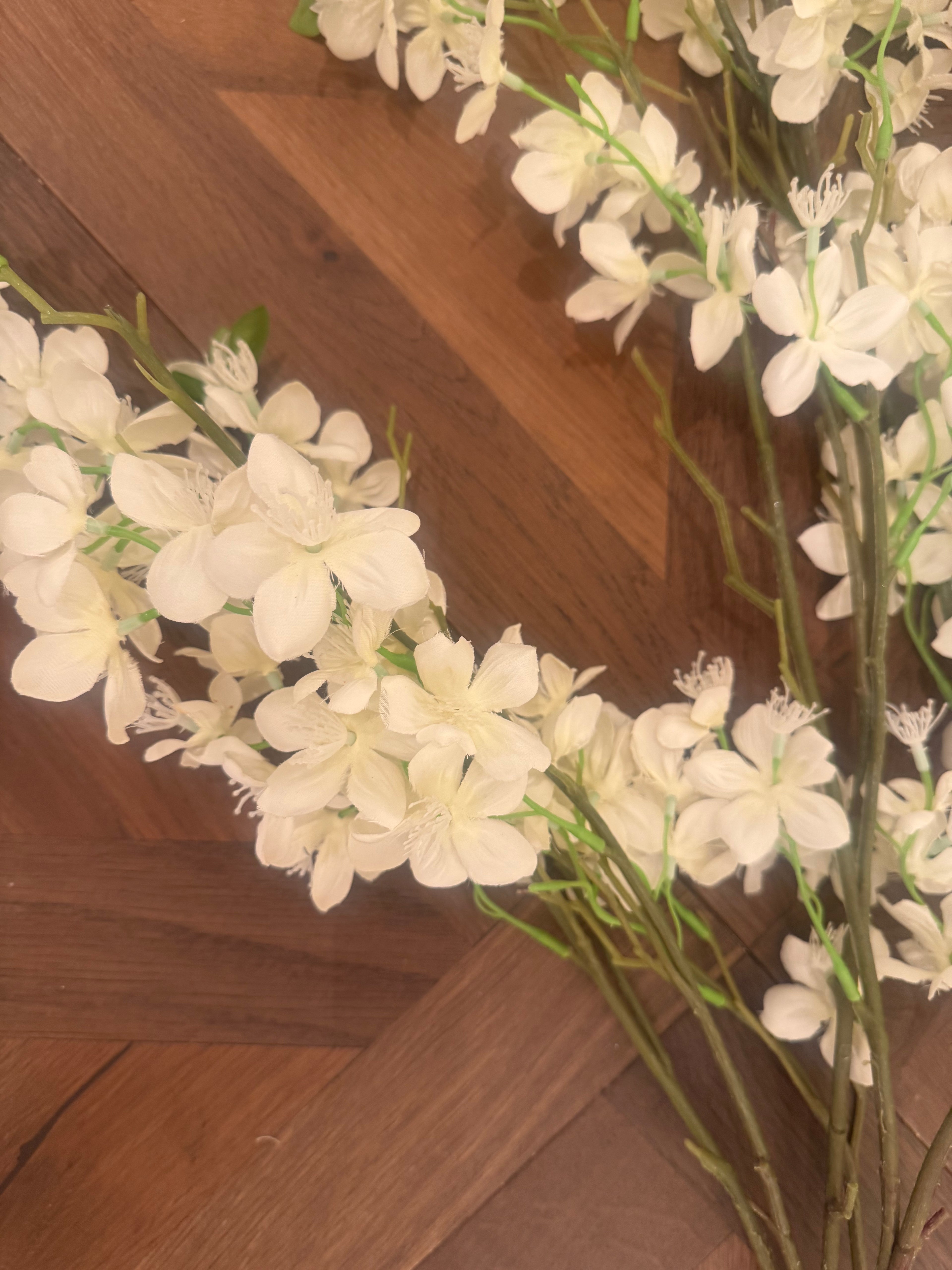 Faux White Cherry Blossom Stem with White Center